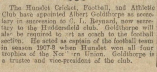Albert Goldthorpe Appointed Hunslet Secretary