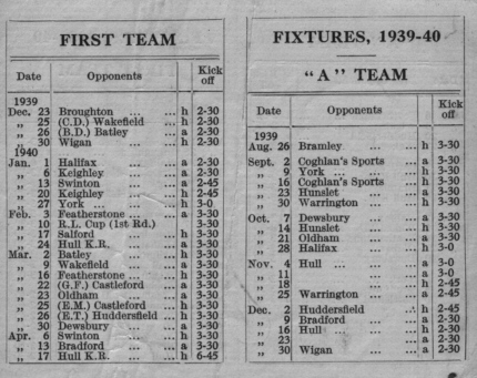 Leeds Fixtures 1939-40