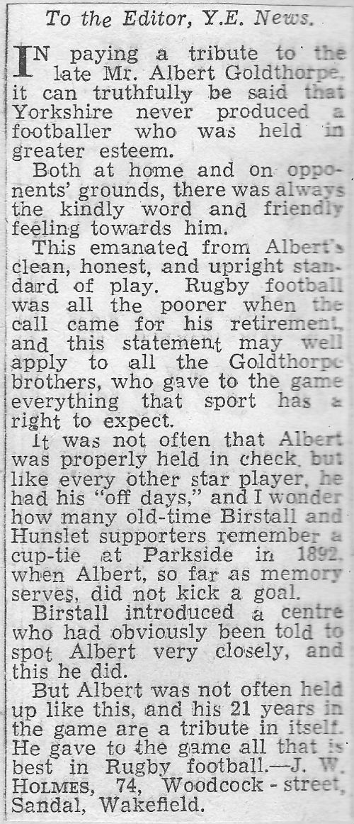 Albert Goldthorpe Tribute Letter Yorkshire Evening News
