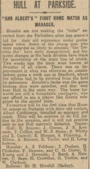 Albert Goldthorpe first game as secretary manager