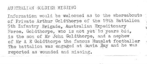 Arthur Goldthorpe typed copy of newspaper report