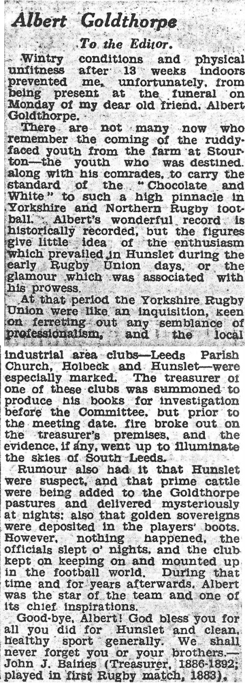 Albert Goldthorpe Tribute Letter