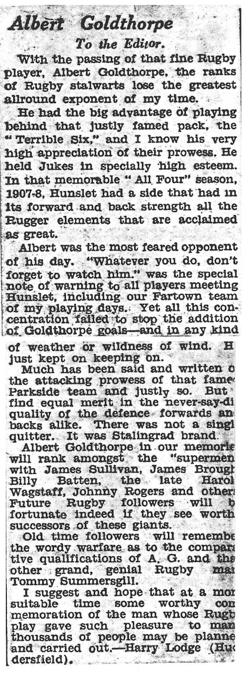 Albert Goldthorpe Tribute Letter