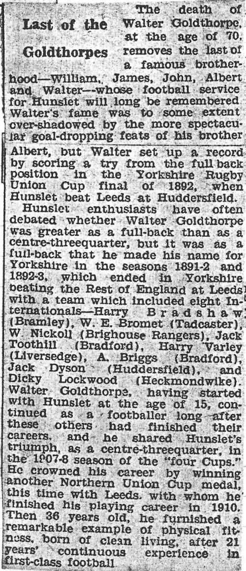 Walter Goldthorpe Tribute Yorkshire Evening Post
