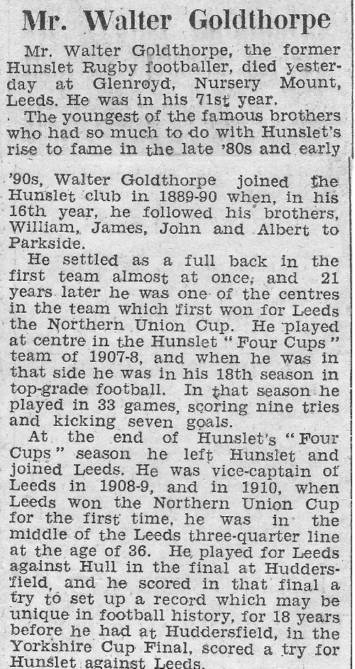 Walter Goldthorpe Tribute Yorkshire Post and Leeds Intelligencer