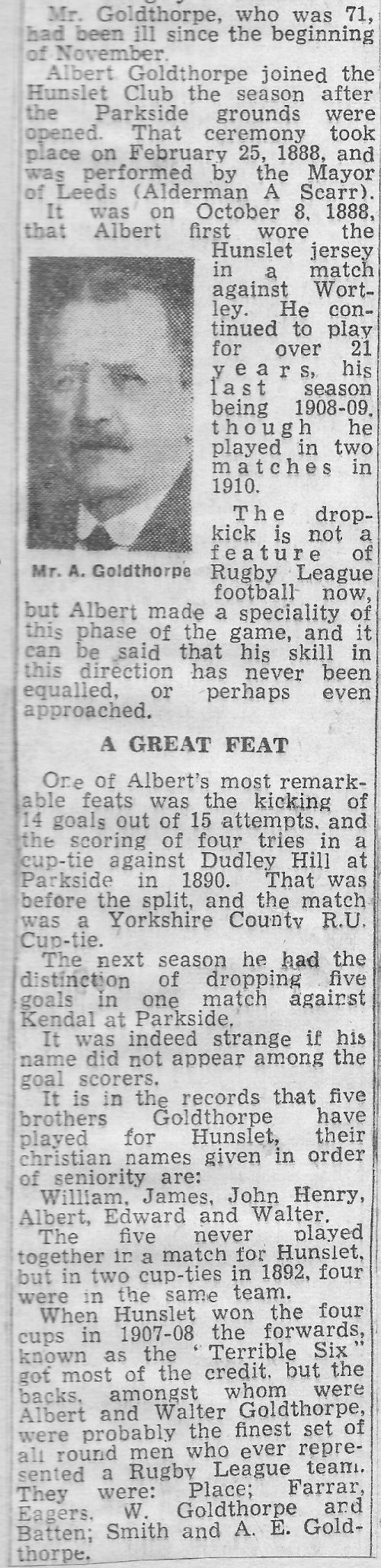 Albert Goldthorpe Obutuary Yorkshire Evening News